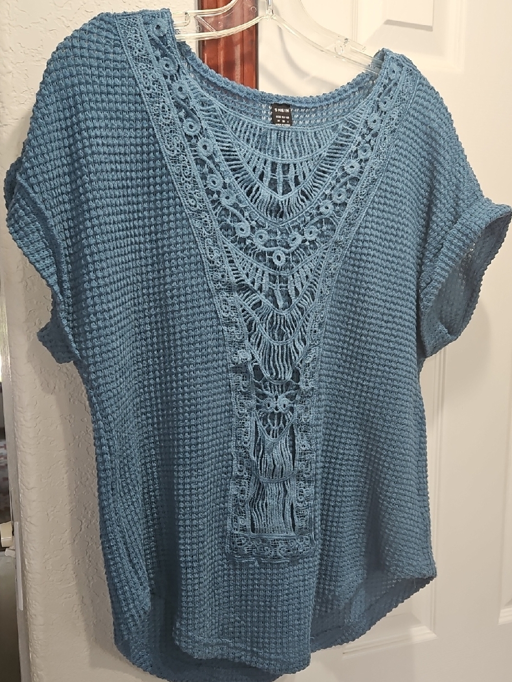 SHEIN Teal Blue Crochet Front Knit Tunic Top